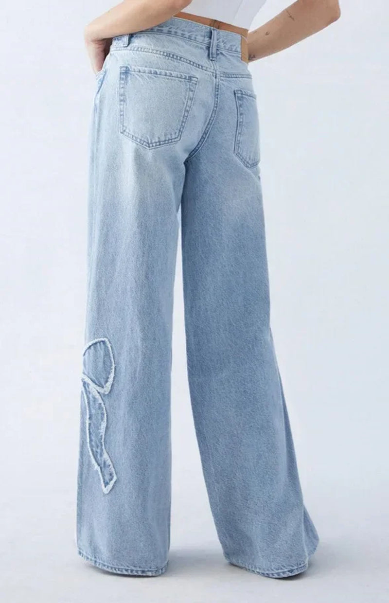 Jeans Wide Leg Pants Women Vintage Denims Embroidery Bow High Waist Washed Distressed Streetwear Straight Trousers Floor Length