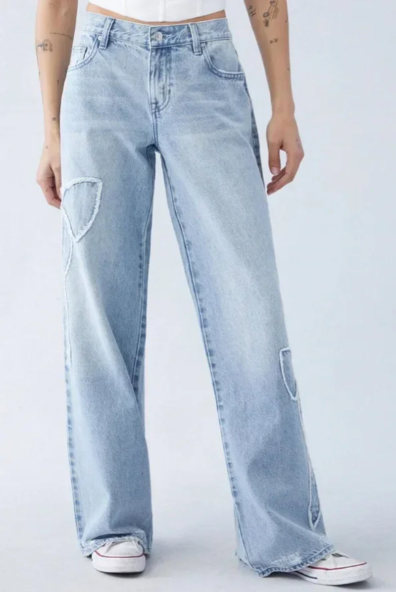 Jeans Wide Leg Pants Women Vintage Denims Embroidery Bow High Waist Washed Distressed Streetwear Straight Trousers Floor Length