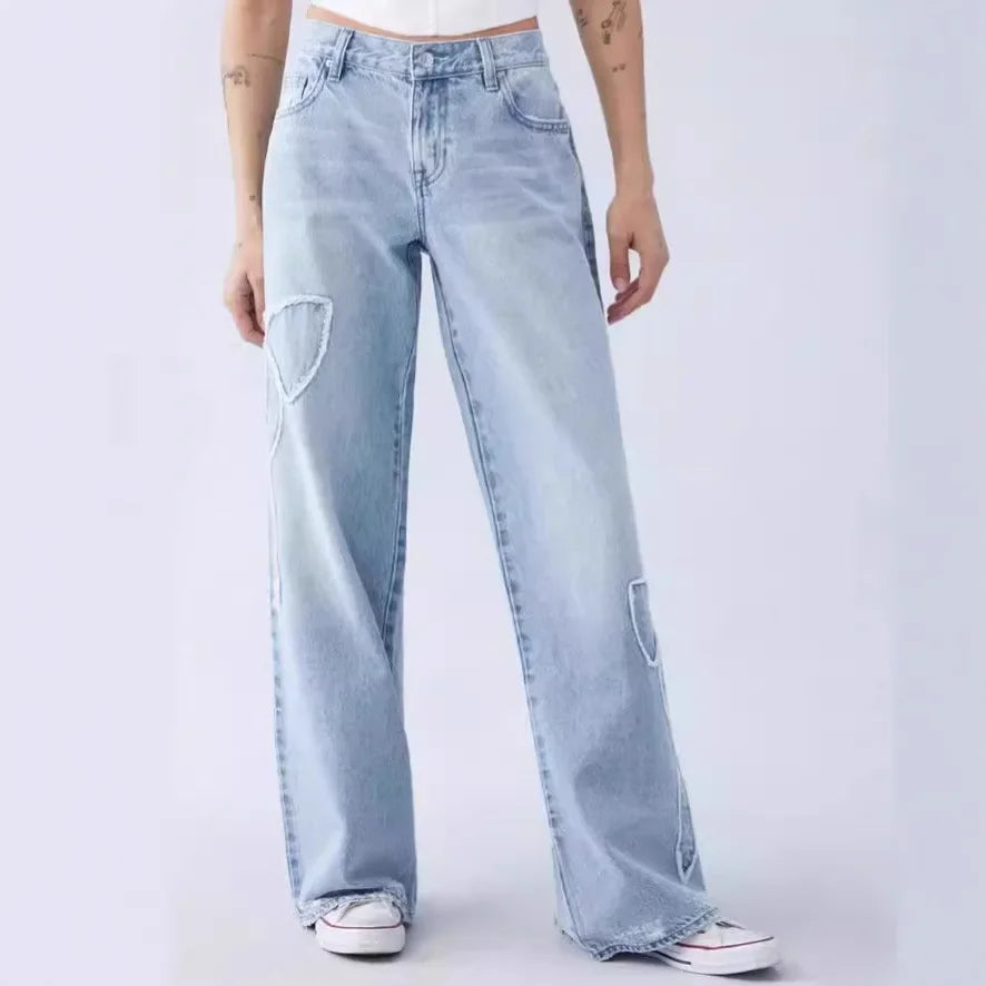 Jeans Wide Leg Pants Women Vintage Denims Embroidery Bow High Waist Washed Distressed Streetwear Straight Trousers Floor Length