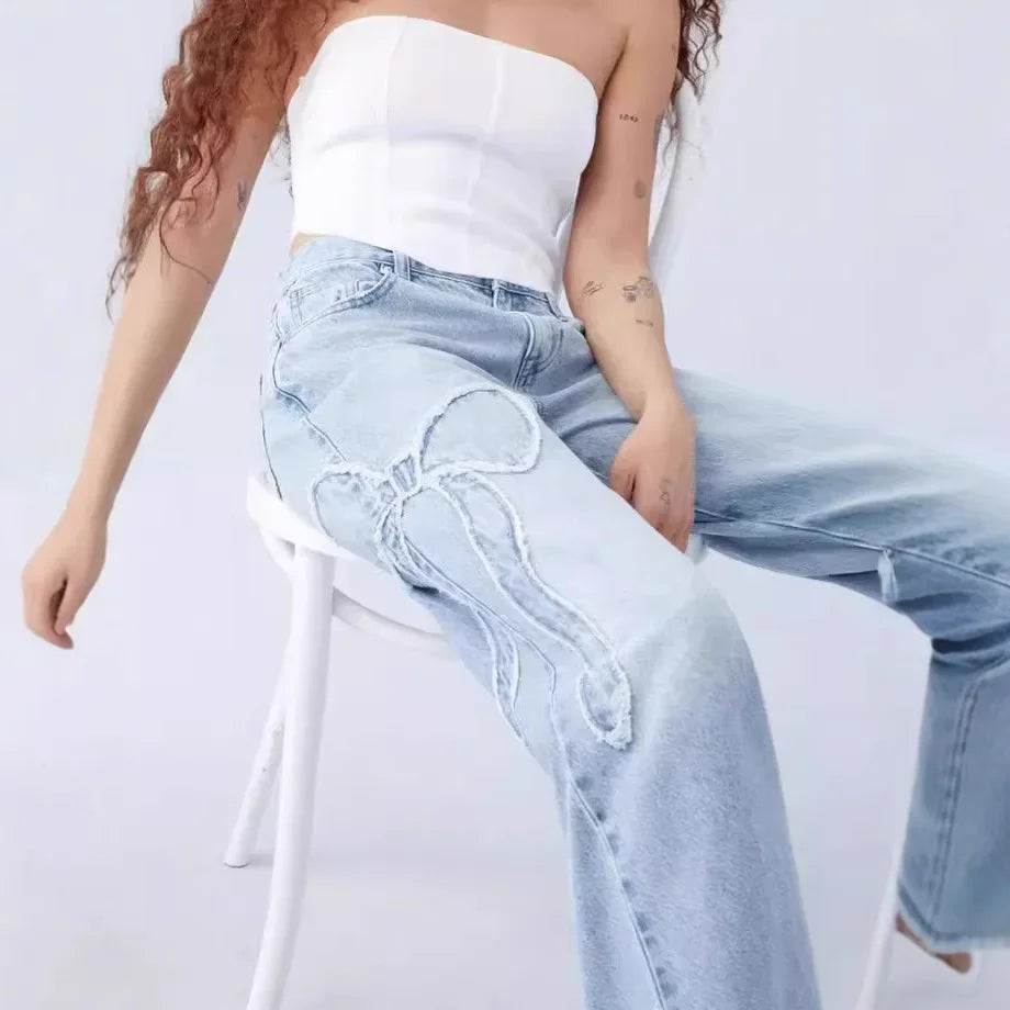 Jeans Wide Leg Pants Women Vintage Denims Embroidery Bow High Waist Washed Distressed Streetwear Straight Trousers Floor Length