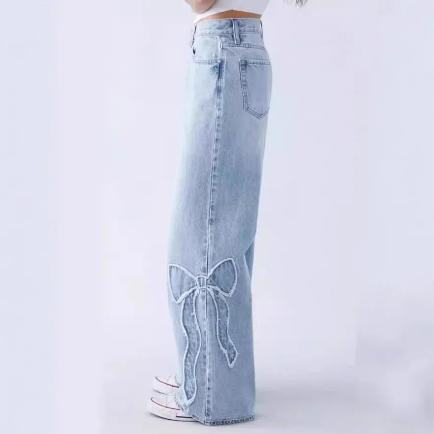 Jeans Wide Leg Pants Women Vintage Denims Embroidery Bow High Waist Washed Distressed Streetwear Straight Trousers Floor Length