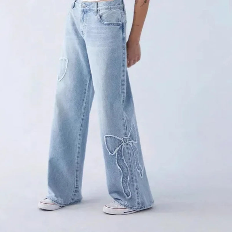 Jeans Wide Leg Pants Women Vintage Denims Embroidery Bow High Waist Washed Distressed Streetwear Straight Trousers Floor Length